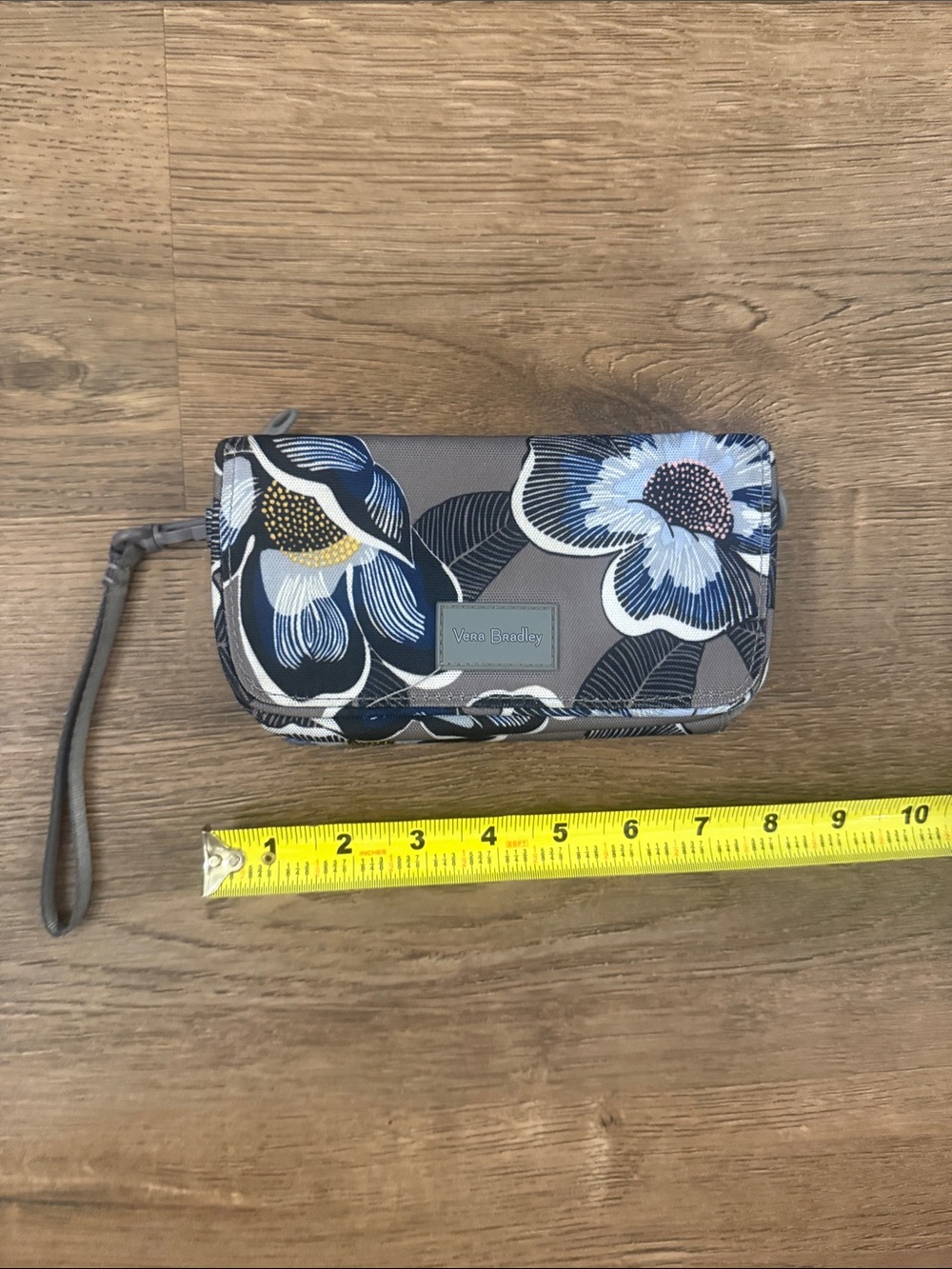 Vera Bradley Gray Floral Wristlet Wallet with Blue Accents